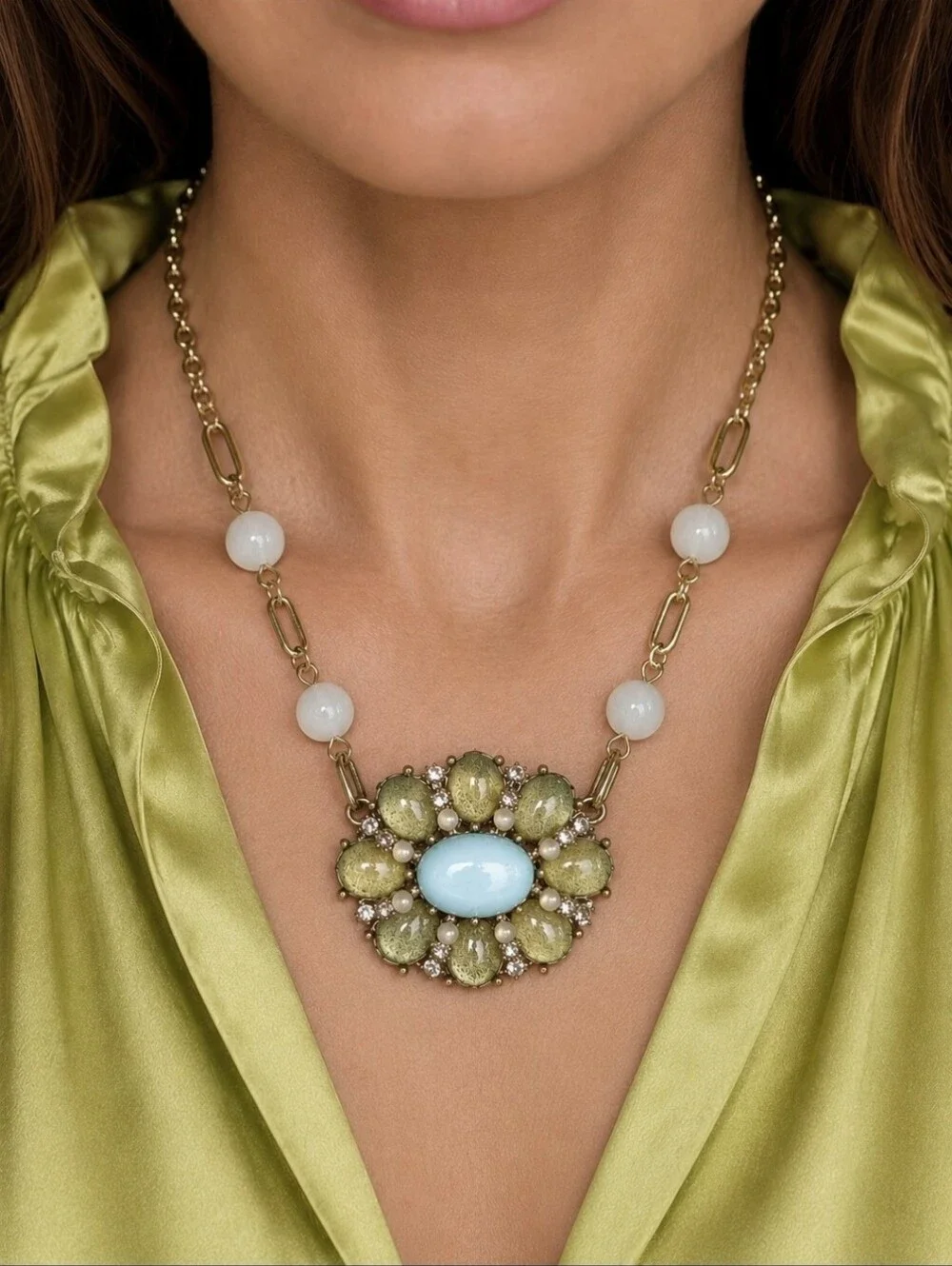 Pastel Mint Light Green Blue Rhinestone Creamy Opaque Vintage Necklace Gold Tone